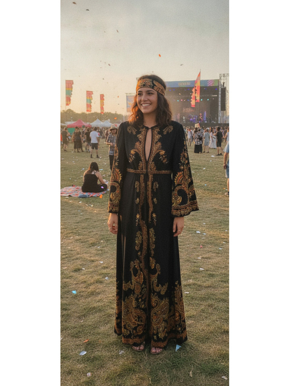 Mern Black and Gold Embroidered Long Dress with Bell Sleeves